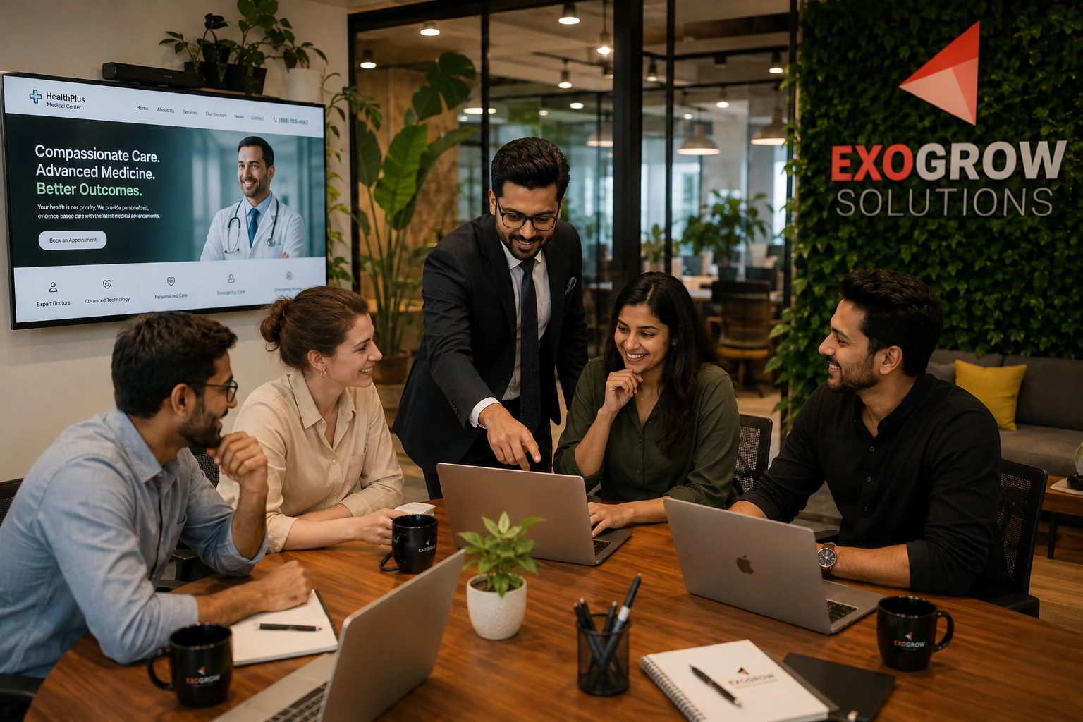 ExoGrow Solutions team reviewing a healthcare website design project in their agency office