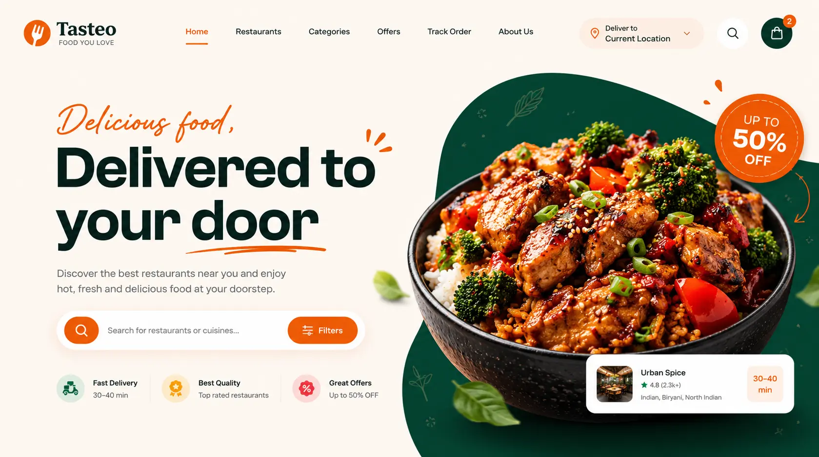 Food delivery brand website design with brand guidelines and conversion focused UI by ExoGrow Solutions