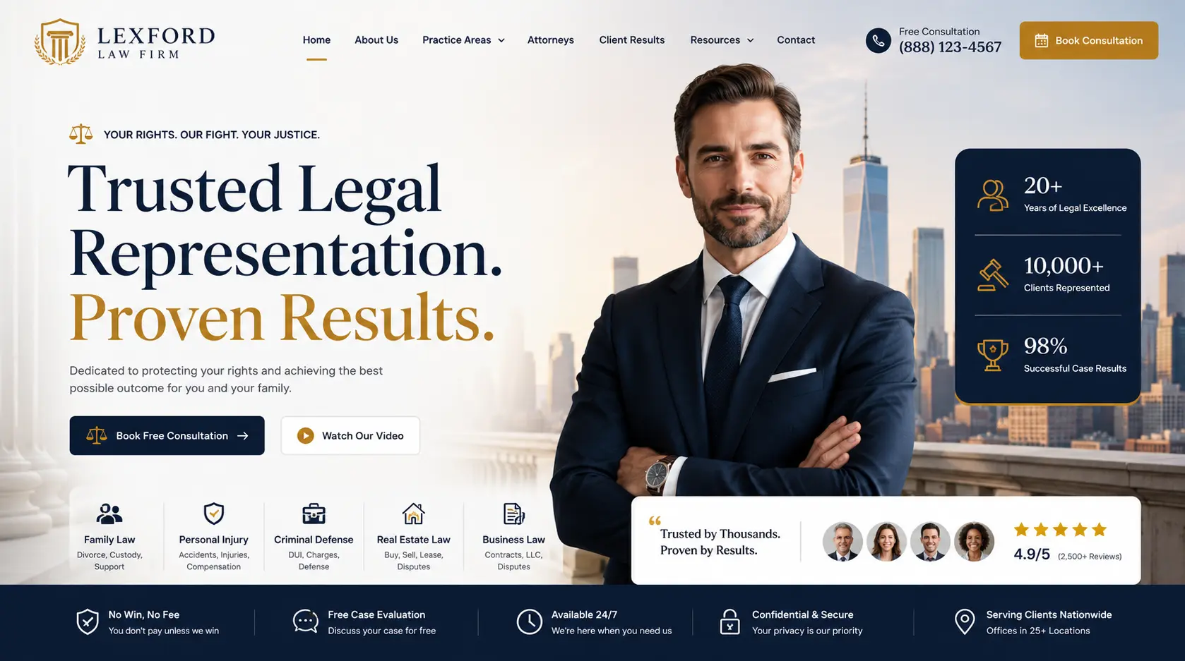 Law firm website design with interaction design built to convert visitors into legal consultation bookings