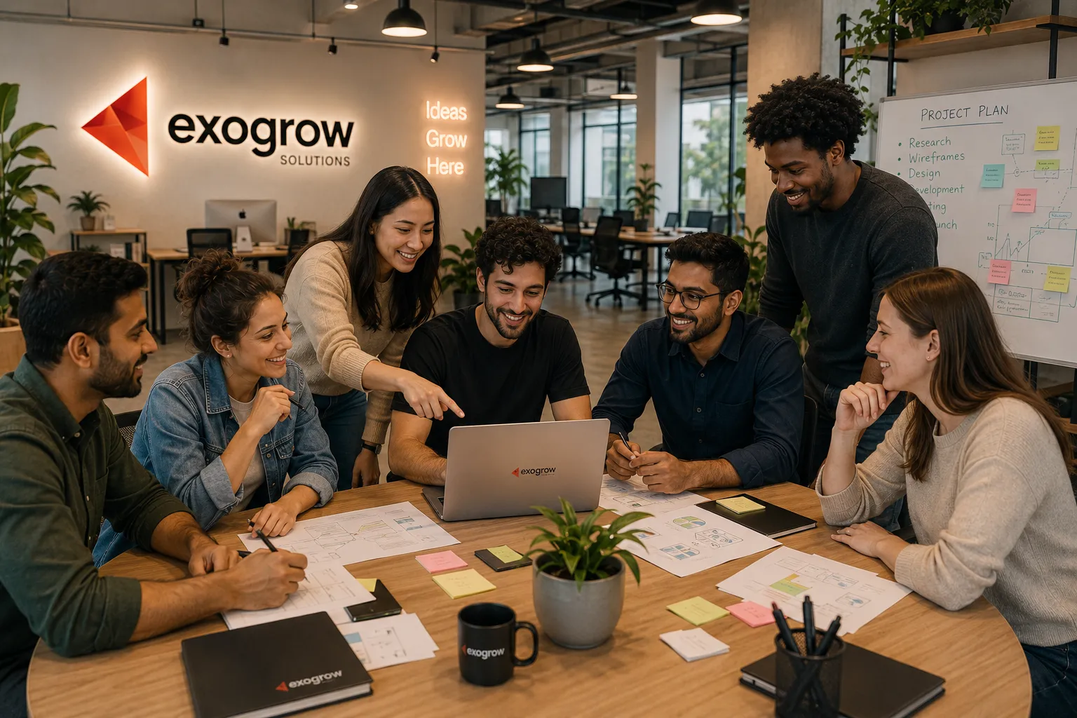 ExoGrow Solutions team meeting showing collaborative workspace with team members discussing digital growth strategies
