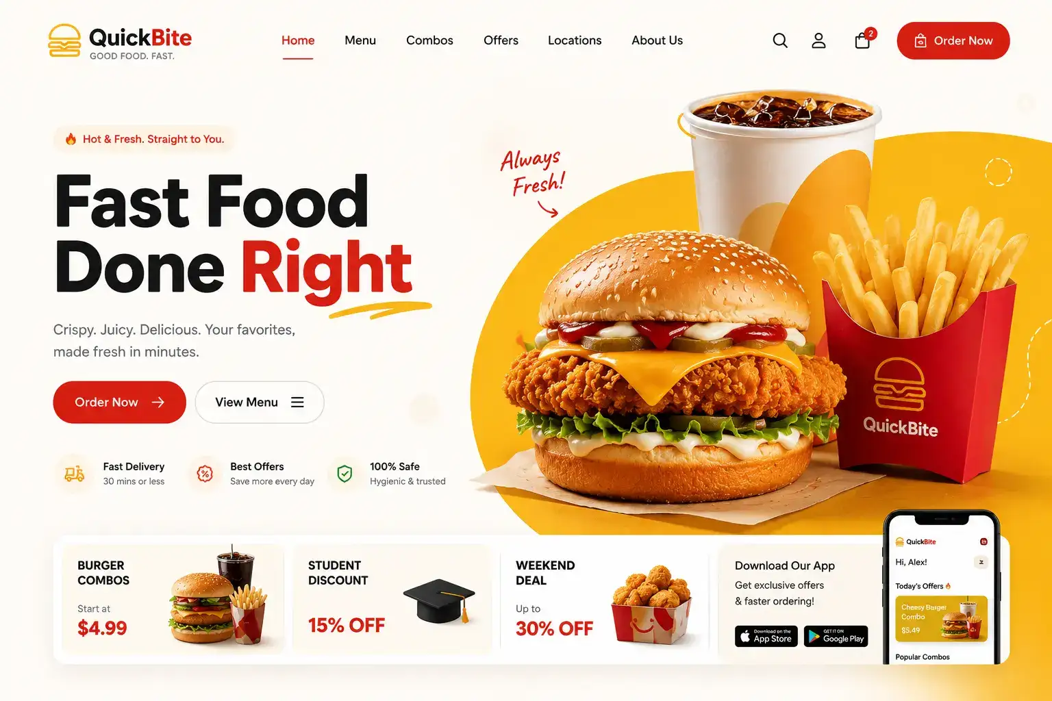 Fast food franchise website ordering app