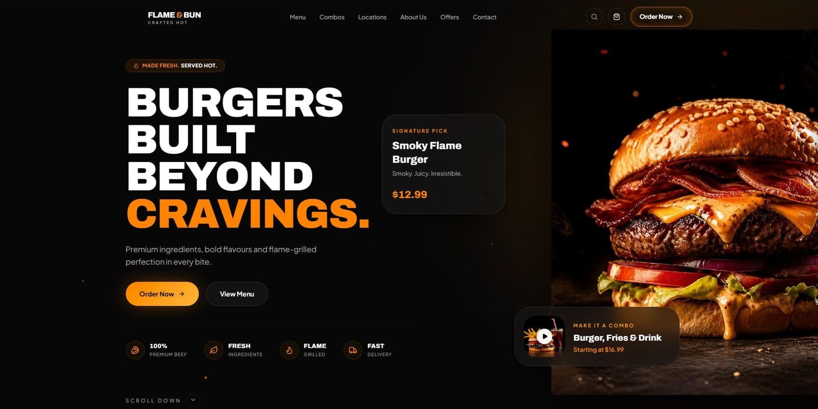 Flame and Bun burger restaurant website