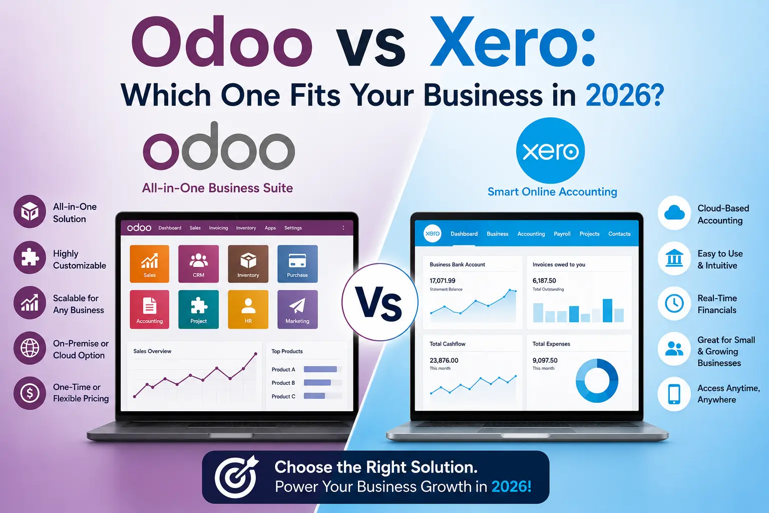 Odoo vs Xero comparison for 2026 showing all-in-one ERP software vs cloud accounting software to help businesses choose the best solution for accounting, CRM, inventory, and business management.