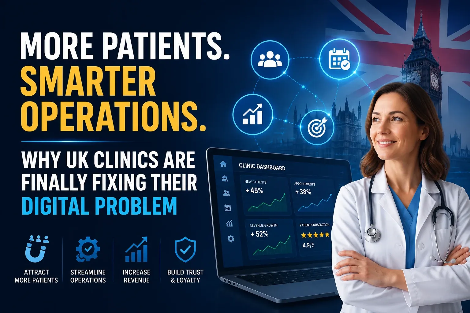 Healthcare digital growth thumbnail showing 45% more new patients, 38% more appointments, 52% revenue growth, and 4.9 patient satisfaction – why UK clinics are fixing their digital problem with connected website, online booking, and clinic management.